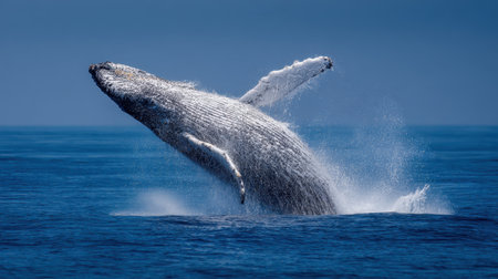 A stunning image captures the moment a humpback whale breaches the surface of the ocean, showcasing its magnificent body and the beauty of marine wildlife.の素材