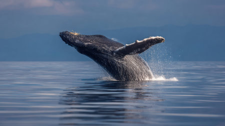 A stunning image of a humpback whale leaping from the water, creating a beautiful splash against a serene ocean background, showcasing nature's wonders.の素材