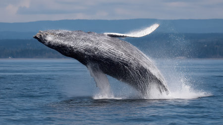 A stunning humpback whale breaches the surface of the clear blue ocean, creating an impressive splash. The scenic background showcases the peaceful coastline under a bright sky.の素材