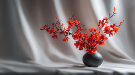 A stunning display of vibrant red flowers arranged gracefully in a simple black vase, set against a soft, draped fabric background. The composition highlights peace and beauty, perfect for home decor or artistic projects.の素材