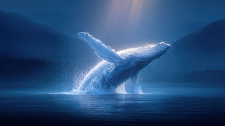 A breathtaking moment captured as a majestic whale breaches the surface of calm blue waters, illuminated by soft rays of light, showcasing nature's beauty.の素材