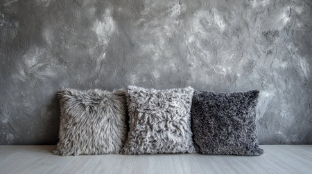 A stylish arrangement of three textured decorative pillows in gray tones, perfect for enhancing the modern interior of any living space with comfort and elegance.の素材