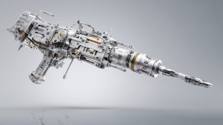 A striking futuristic weapon design showcasing intricate metallic components and a sleek silver finish. This artwork emphasizes advanced technology and creativity.の素材