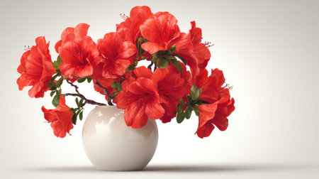 A stunning arrangement of bright orange azalea flowers in a sleek white vase, set against a minimalistic background, symbolizing beauty and tranquility.の素材