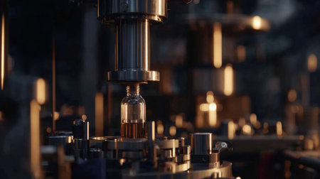 An intricate industrial machine showcasing the detailed process of filling a glass vial with liquid. The scene embodies advanced manufacturing technology in action.の素材