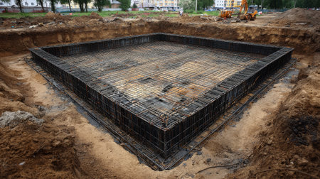 A construction site showcasing a newly created concrete foundation, surrounded by excavated earth and heavy machinery. Perfect for construction themes.の素材