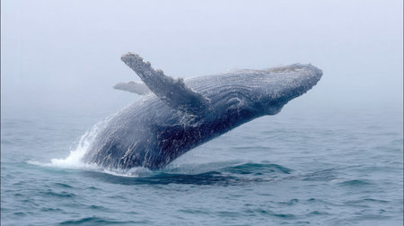 A stunning image captures a humpback whale breaching the ocean surface, creating a spectacular splash against a misty backdrop, showcasing marine wildlife.の素材