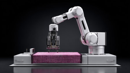 This image showcases an advanced robotic arm engaged in textile manipulation within a modern industrial environment, emphasizing the integration of cutting-edge technology and precision in manufacturing processes.の素材