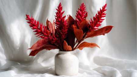 This stunning flower arrangement features vibrant red blooms and rich leaves in a minimalist vase, set against a soft fabric background for a serene look.の素材
