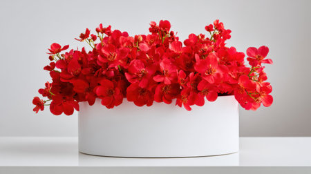 A beautiful display of vibrant red flowers arranged in an elegant white planter, perfect for enhancing home decor or adding a cheerful touch to any space.の素材