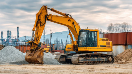 A vibrant yellow excavator actively working at a gravel site surrounded by industrial structures. Ideal for construction and engineering themes.の素材