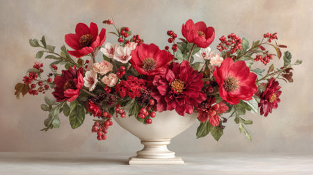 A stunning floral arrangement featuring vivid red flowers and vibrant greenery, showcasing elegance and beauty in a decorative vase. Perfect for home decor or events.の素材