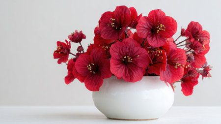 A stunning arrangement of vibrant red flowers in a white vase, perfect for enhancing interior spaces or capturing the beauty of nature in lifestyle photography.の素材