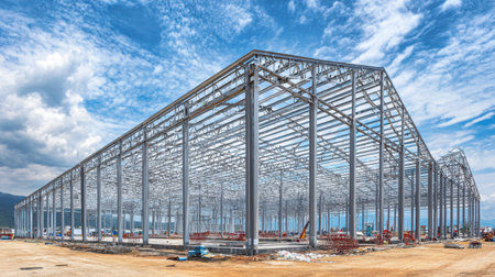 A detailed view of a steel framework for a large industrial building under construction, showcasing the complex architecture and modern materials used.の素材