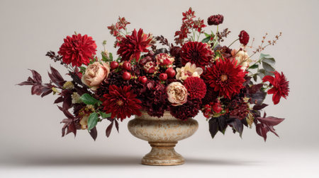 This exquisite floral arrangement features an array of red and burgundy blooms in a stylish vase, perfect for enhancing any modern interior space.の素材