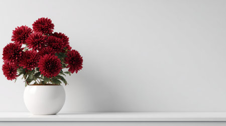 A stunning arrangement of vibrant red flowers in a sleek white vase sits elegantly on a minimalist shelf against a soft grey background. Perfect for enhancing any interior decor.の素材