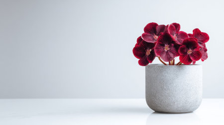 A stunning arrangement of vibrant red flowers in a sleek gray pot sits elegantly on a white surface, embodying modern decor and simplicity.の素材
