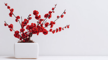 This image features a stunning arrangement of vibrant red blossoms in a white planter, epitomizing minimalism and elegance, perfect for decor.の素材