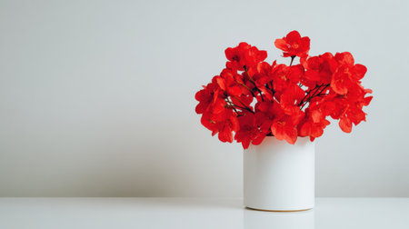 A striking arrangement of vibrant red flowers in a sleek white vase set against a neutral background. Ideal for modern home decor and interior design inspiration.の素材