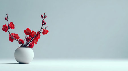 A minimalist scene featuring a delicate arrangement of red blossoms in a white vase against a soft light background, ideal for stylish decor inspiration.の素材