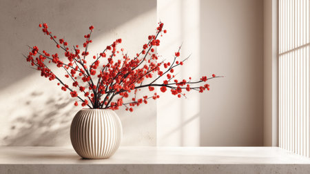 This image captures an elegant vase filled with vibrant red blossom branches, set against a softly lit minimalist interior, creating a tranquil atmosphere.の素材