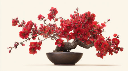This exquisite image features a traditional bonsai arrangement with vibrant red flowers, capturing the essence of nature's artistry. The delicate petals bloom beautifully, offering a serene and tranquil aesthetic perfect for any decorative use.の素材