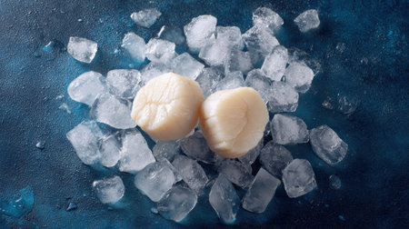 Two fresh sea scallops sit elegantly atop crushed ice, perfect for seafood dishes. This image captures the essence of gourmet cuisine and healthy eating.の素材