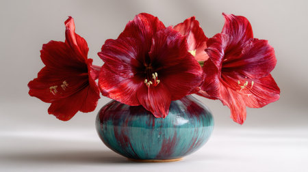 This stunning arrangement features bold red amaryllis flowers elegantly displayed in a uniquely styled ceramic vase, perfect for enhancing any interior space.の素材