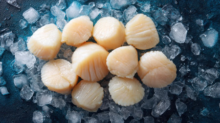 A visually appealing arrangement of fresh scallops resting on a bed of ice, ideal for showcasing seafood dishes or culinary creations in gourmet food settings.の素材