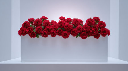 This image showcases a stunning arrangement of vibrant red roses in a sleek white planter, perfect for adding a touch of elegance and beauty to any modern home decor.の素材