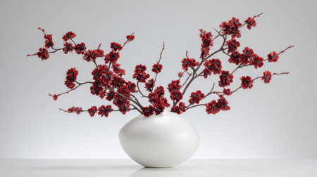 This stunning arrangement features vibrant red floral stems in a sleek white ceramic vase, perfect for enhancing modern interior decor with elegance and charm.の素材