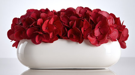 A stunning decorative piece featuring a lush arrangement of vibrant red fabric flowers in a glossy white ceramic bowl, perfect for enhancing modern home aesthetics.の素材