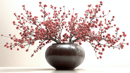 This beautiful arrangement features delicate pink blossoms gracefully displayed in an elegant dark ceramic vase, enhancing any minimalist interior space with a touch of nature's charm.の素材
