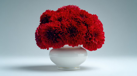A stunning arrangement of vibrant red dahlias sits elegantly in a white vase, showcasing a beautiful still life composition ideal for home decor or art projects.の素材