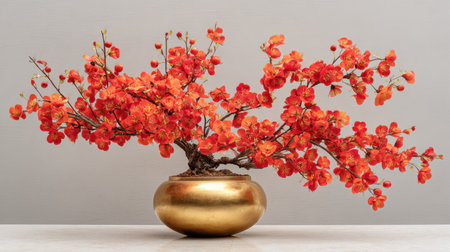This stunning arrangement features vibrant orange blossoms artfully displayed in a sophisticated gold vase, perfect for enhancing any minimalist space.の素材