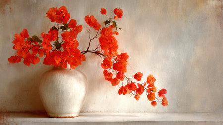 Beautiful arrangement of vibrant orange bougainvillea flowers in an elegant vase, set against a soft textured background, bringing warmth and charm to any space.の素材