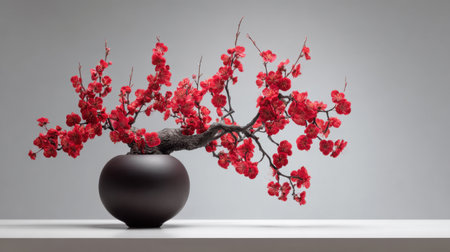 This stunning image features a vibrant red blossom arrangement in a dark round vase, showcasing nature's beauty in a minimalist setting, perfect for interior decor.の素材