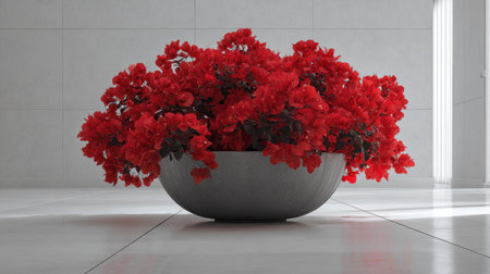 A stunning arrangement of vibrant red flowers in a sleek concrete bowl, adding a bold touch to a minimalist interior setting, perfect for modern spaces.の素材