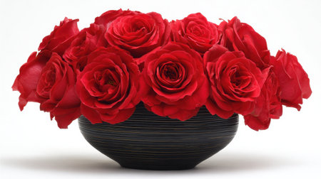 A stunning display of fresh red roses elegantly arranged in a modern black vase, perfect for enhancing home decor or celebrating special occasions.の素材