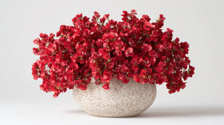 This stunning flower arrangement features vibrant red blooms elegantly displayed in a textured ceramic vase, perfect for enhancing interior spaces and creating a warm ambiance.の素材