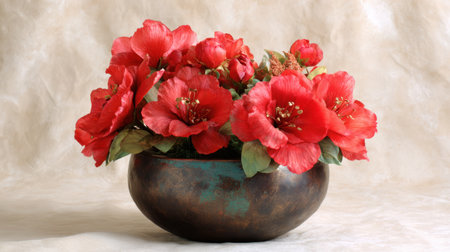 This image features vibrant red flowers arranged beautifully in a rustic bowl with green accents, set against a soft, neutral background, perfect for home decor.の素材