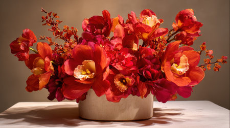 This striking arrangement showcases a vibrant bouquet of red flowers in a simple round vase, perfect for adding elegance to any space.の素材
