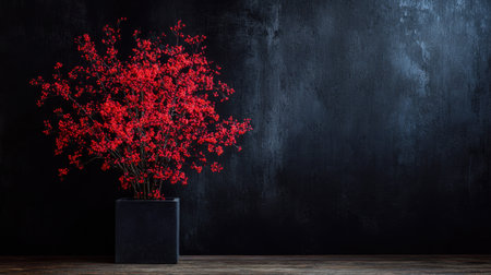 A stunning display of vibrant red flowers arranged in a sleek black pot, set against a dark background, perfect for home decor or artistic projects.の素材