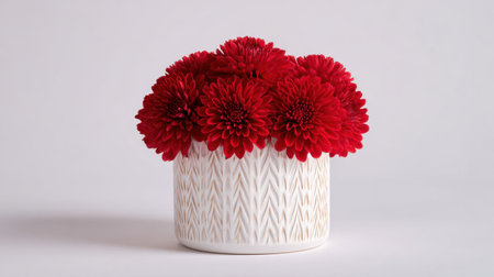 This image features a stunning arrangement of bright red chrysanthemum flowers in a beautifully textured white pot, perfect for interior decor.の素材