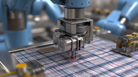 A close-up view of an advanced robotic arm expertly manipulating vibrant woven fabric in a high-tech manufacturing setting, showcasing automation technology.の素材