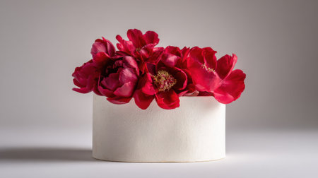 This image features a stunning arrangement of vibrant red flowers in a minimalist white container, creating a striking visual that enhances any space's elegance and charm.の素材