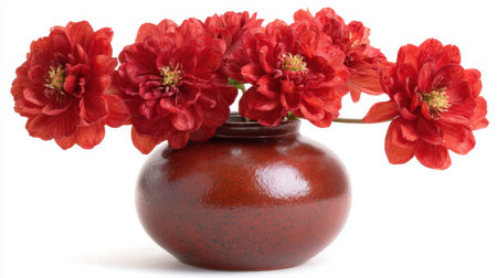 A stunning arrangement of vibrant red flowers gracefully positioned in a glossy brown ceramic vase, perfect for enhancing any home or office space.の素材