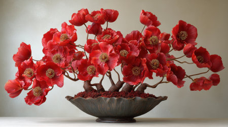 This stunning floral arrangement features vibrant red blossoms elegantly displayed in a decorative bowl, adding a touch of beauty to any interior space.の素材