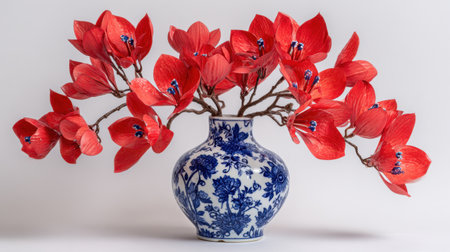 This stunning arrangement features vibrant red flowers in a classic blue and white porcelain vase, creating a striking visual contrast against a soft neutral background.の素材