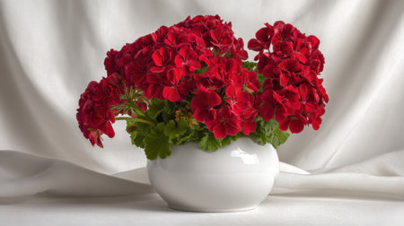 A stunning arrangement of bright red geranium flowers in a sleek white ceramic vase, set against a soft fabric backdrop, exuding warmth and elegance.の素材